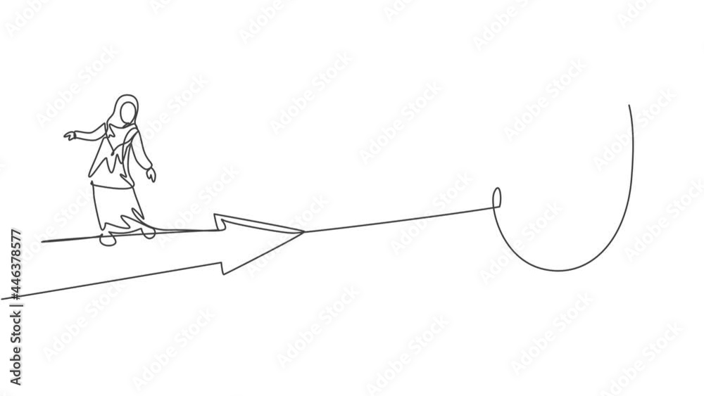 Self drawing animation of single one line draw young Arabian businesswoman riding forward arrow to goal target. Business financial growth minimal concept. Continuous line draw. Full length animated Self drawing animation of single one line draw young Arabian businesswoman riding forward arrow to goal target. Business financial growth minimal concept. Continuous line draw. Full length animated