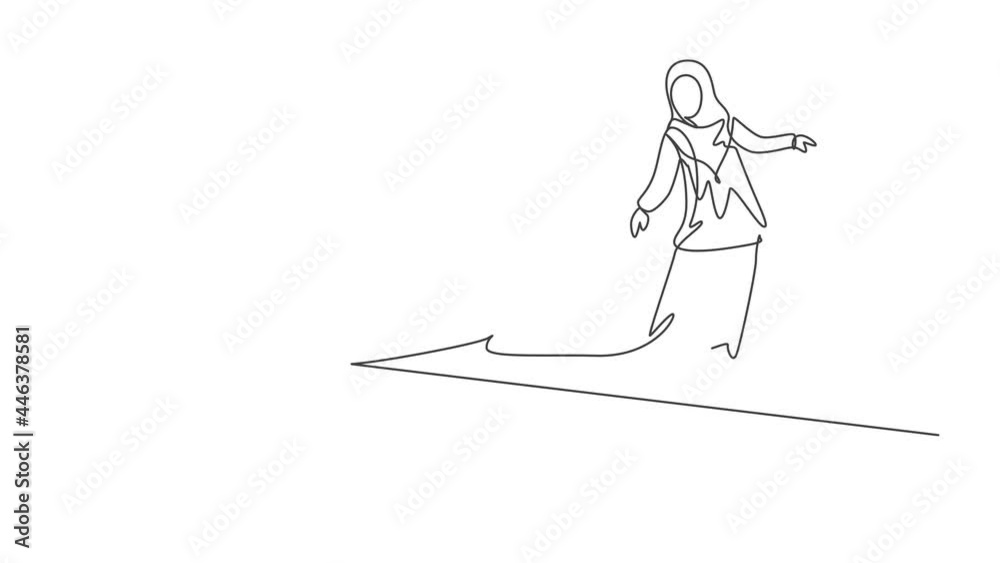 Animated self drawing of single continuous line draw young professional female Arab entrepreneur flying ride forward progress arrow. Minimalism metaphor concept. Full length one line animation. Animated self drawing of single continuous line draw young professional female Arab entrepreneur flying ride forward progress arrow. Minimalism metaphor concept. Full length one line animation.