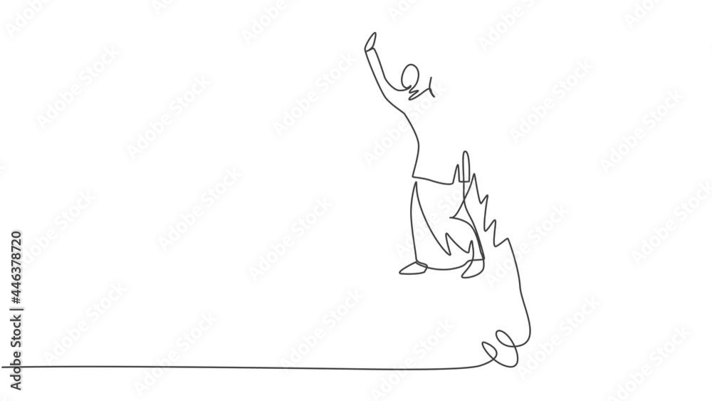 Animated self drawing of single continuous line draw young professional female Arab entrepreneur flying high into the sky with jetpack. Minimalism metaphor concept. Full length one line animation. Animated self drawing of single continuous line draw young professional female Arab entrepreneur flying high into the sky with jetpack. Minimalism metaphor concept. Full length one line animation.