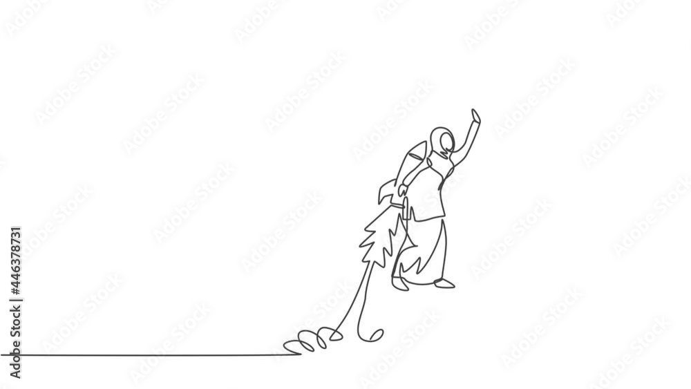 Animation of single one line drawing Arabian businesswoman flying high using jetpack to rise sales arrow graph. Business growth minimal concept. Continuous line self draw animated. Full length motion. Animation of single one line drawing Arabian businesswoman flying high using jetpack to rise sales arrow graph. Business growth minimal concept. Continuous line self draw animated. Full length motion.
