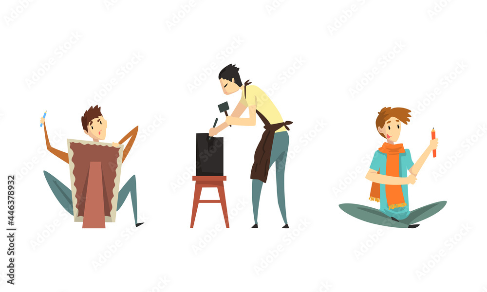 People of Creative Professions Set, Sculptor Working on his Sculpture, Artist Painting on Canvas Cartoon Vector Illustration