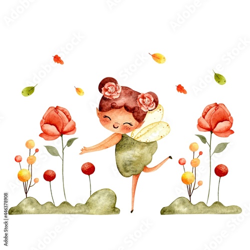 Watercolor cute autumn fairy with flower