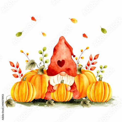 Watercolor hand drawn autumn garden gnome with pumpkin