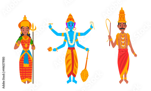 Indian Gods Set, Varuna, Parvati, Vishnu Idols Cartoon Vector Illustration