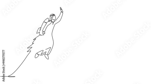 Animated self drawing of continuous one line draw young handsome Arab male worker flying high to the sky with jetpack. Success business manager minimalist concept. Full length single line animation. photo