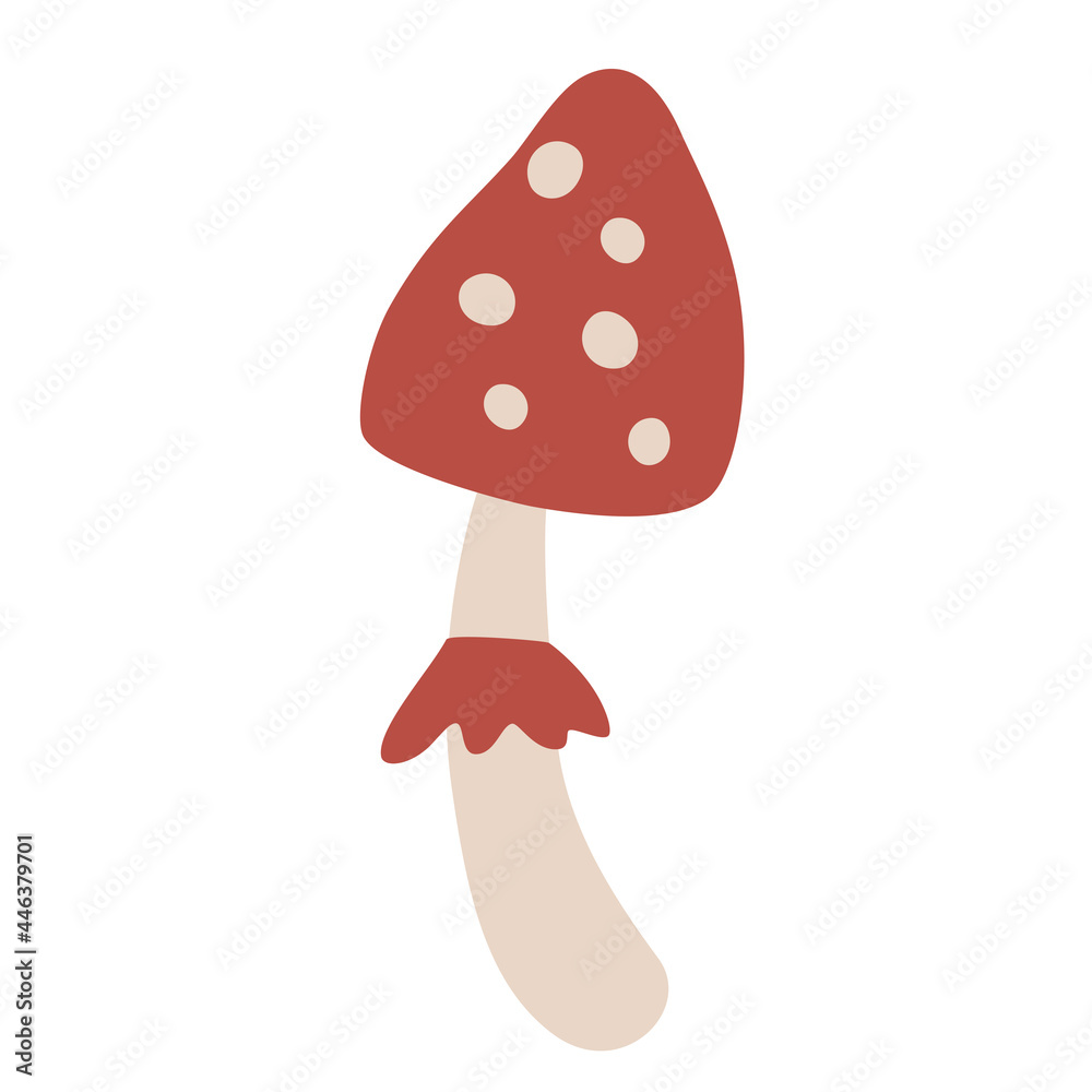 Red Amanita mushroom. Poisonous toadstool fly agaric. Decoration for greeting cards, posters, patches, prints for clothes, emblems. Wild forest mushrooms in autumn. Vector illustration. Red Amanita mushroom. Poisonous toadstool fly agaric. Decoration for greeting cards, posters, patches, prints for clothes, emblems. Wild forest mushrooms in autumn. Vector illustration.