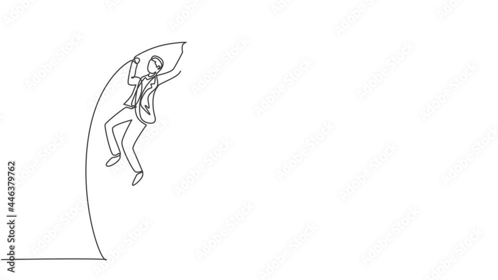 Animated self drawing of single continuous line draw young business man jumping high on pole vault arena. Attractive professional businessman. Minimalism concept. Full length one line animation. Animated self drawing of single continuous line draw young business man jumping high on pole vault arena. Attractive professional businessman. Minimalism concept. Full length one line animation.