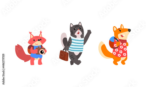 Funny Animals Traveling on Vacation Set, Amusing Squirrel, Cat, Fox Having Summer Trip with Luggage Cartoon Vector Illustration