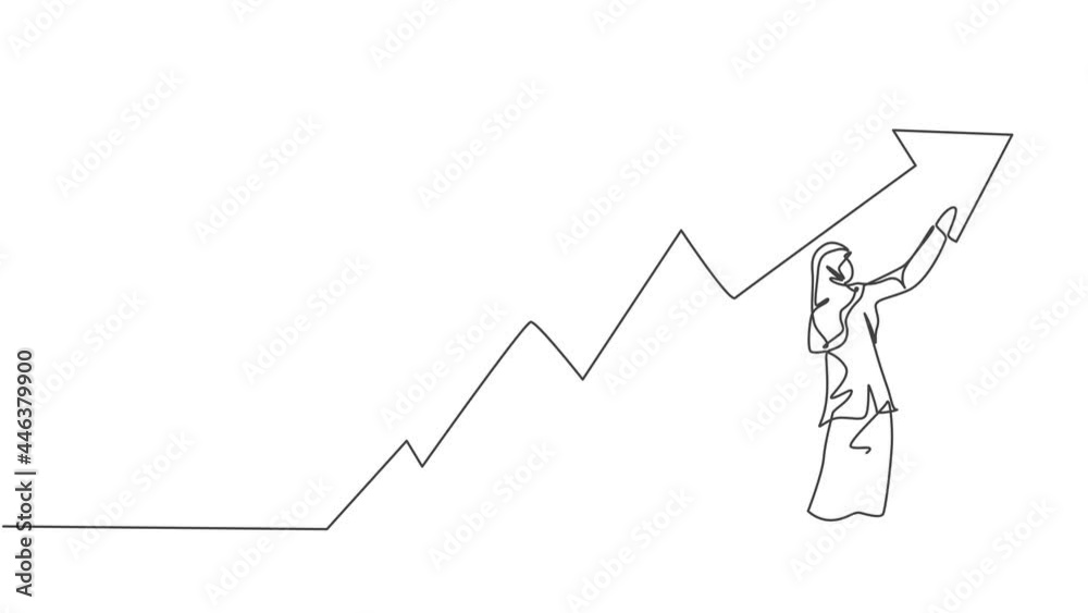 Self drawing animation of single continuous line draw young beauty Arabian female manager draw progress line graph. Professional businesswoman. Minimalism concept one line draw. Full length animated. Self drawing animation of single continuous line draw young beauty Arabian female manager draw progress line graph. Professional businesswoman. Minimalism concept one line draw. Full length animated.