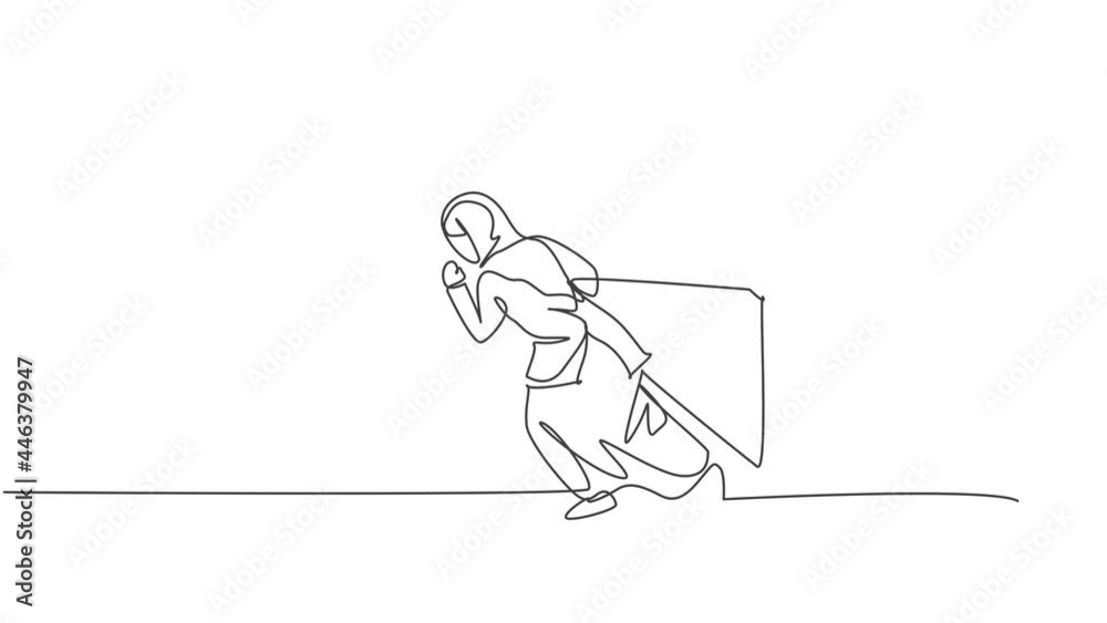 Animated self drawing of continuous one line draw young female Arabic worker walking and pulling leather briefcase. Success business manager minimalist concept. Full length single line animation. Animated self drawing of continuous one line draw young female Arabic worker walking and pulling leather briefcase. Success business manager minimalist concept. Full length single line animation.