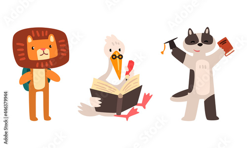 Amusing Animals Learning at School Set  Lion  Stork and Cat Reading Books  School Education Concept Cartoon Vector Illustration