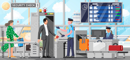 Airport Security Scanner Interior. Conveyor Belt with Passenger Luggage. Baggage Carousel Scan with People. Package X-ray Baggage. Security, Logistic and Delivery. Cartoon Flat Vector Illustration