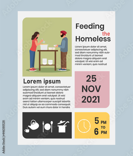 Feeding the homeless. Support of people in need. Helping for the poor or refugees. Design for charity, volunteer organization. Template for flyer. Vector volunteering program poster, infographics.