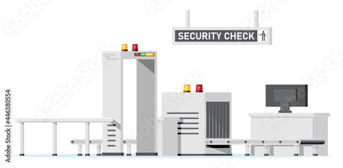 Passengers Security Check. Airport Security Zone. Metal Detector. Check Point Isolated on White. Check Baggage. Metal Scanner Gate, Luggage Conveyor Belt. Cartoon Flat Vector Illustration