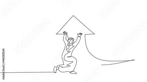 Self drawing animation of single one line draw young Arabic businessman deflect arrow sign turns upward. Success business growth strategy minimal concept. Continuous line draw. Full length animated.
