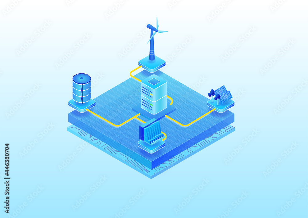 Green IT data center powered by renewable energy sources such as solar power and wind energy. 3D isometric vector illustration as concept for environmental friendly IT Green IT data center powered by renewable energy sources such as solar power and wind energy. 3D isometric vector illustration as concept for environmental friendly IT