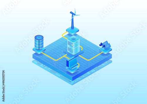Green IT data center powered by renewable energy sources such as solar power and wind energy. 3D isometric vector illustration as concept for environmental friendly IT