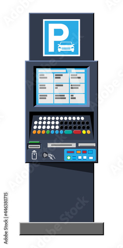 Parking Meter Isolated on White. Ticket Machine Icon. Modern Meters for Parking Lot. Authorized Machine. Self Service Parking Pay. Electronic Payment Terminal. Cartoon Flat Vector Illustration