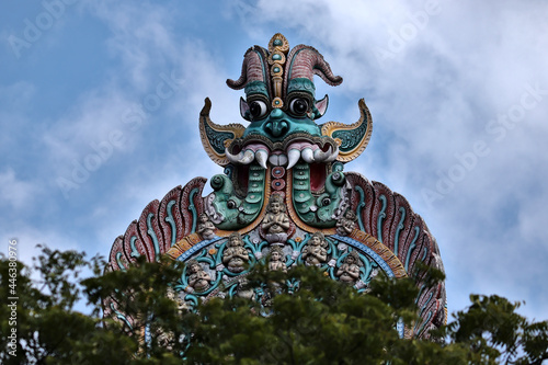 Close-up of the 'kirtimukha' feature on a temple gopuram (gateway tower) 