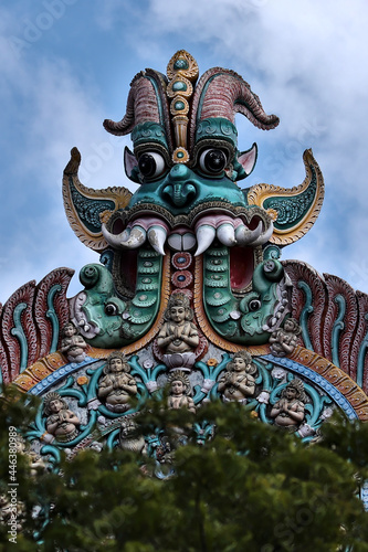 Close-up of the 'kirtimukha' feature on a temple gopuram (gateway tower) 