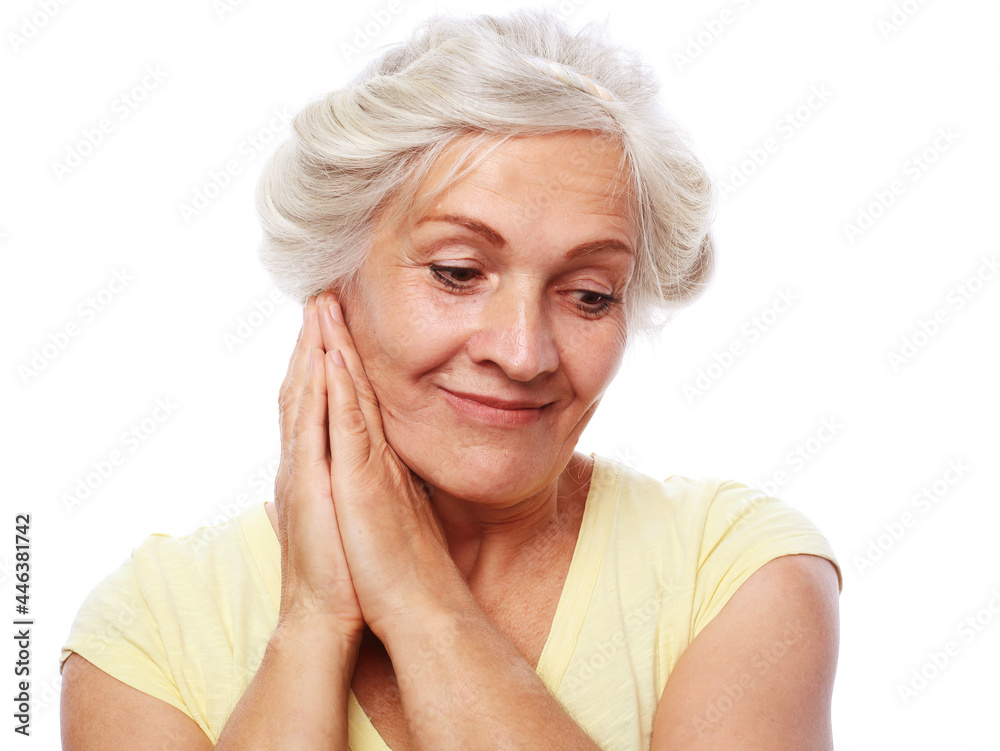 Happy elderly pensioner smiling over white background Happy elderly pensioner smiling over white background
