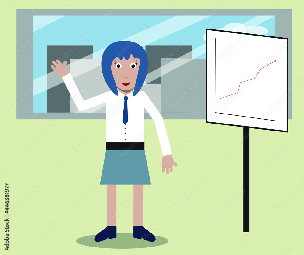 Business woman in front of a window explaining on a whiteboard. Meeting. Vector. Modern and flat style. Business woman in front of a window explaining on a whiteboard. Meeting. Vector. Modern and flat style.