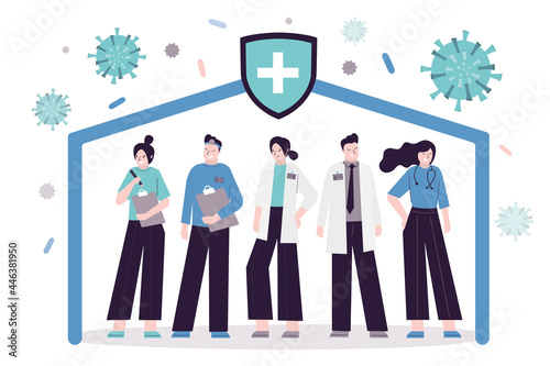 Group of vaccinated doctors and nurses in uniform. Protection and prevention from disease