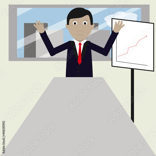 Businessman in front of a window explaining on a blackboard with a large table. Meeting. Vector. Modern and flat style.