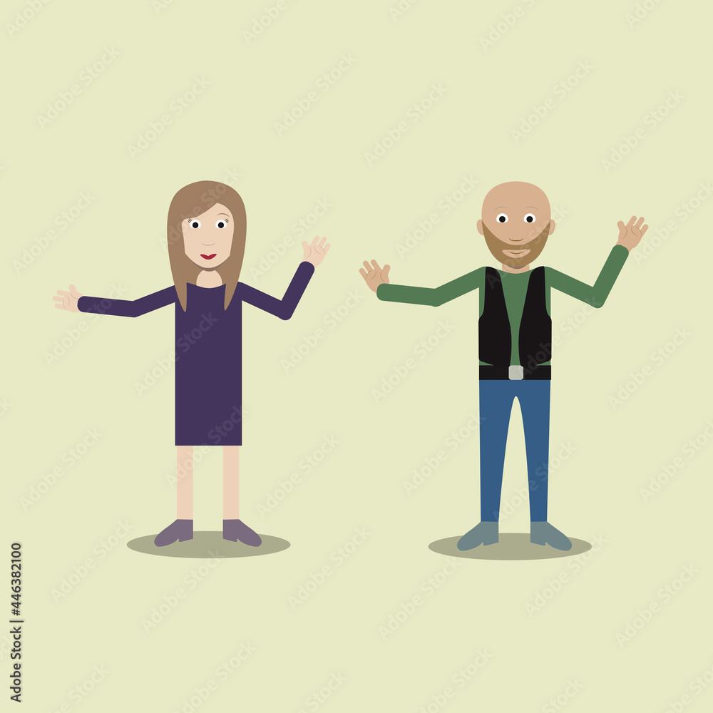 Bald man in vest and woman with separate body elements. Vector. Modern and flat style. Bald man in vest and woman with separate body elements. Vector. Modern and flat style.