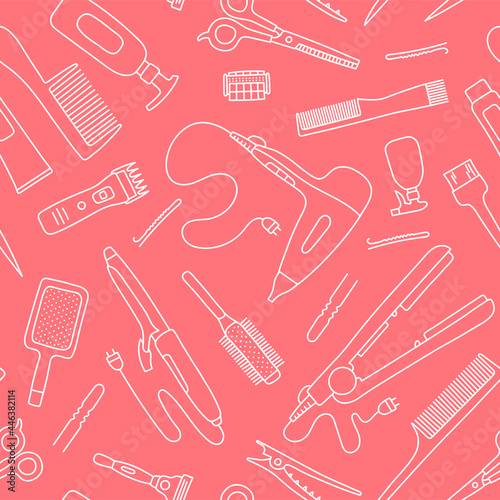 Hairdressing tools seamless pattern. Line sketch. Professional hair dresser equipment. Hand drawn doodle vector illustration. Barbershop symbol. Hairdryer, scissors, comb, straightener and curler