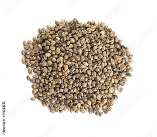 Pile of hemp seeds on white background, top view