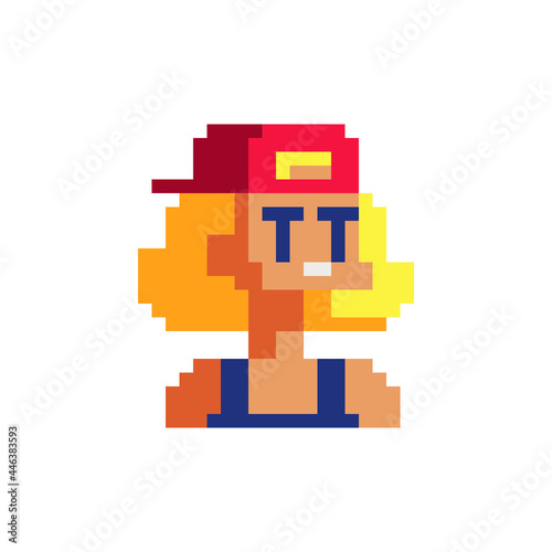 Sports girl blonde in a cap character. Pixel art. Flat style. Avatar, portrait, profile picture. Design of 80s. Game assets. 8-bit. Isolated vector illustration.