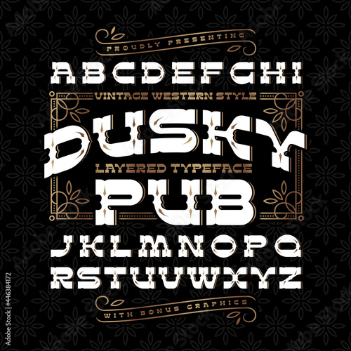 Vintage vector font set with decorative golden frame design elements