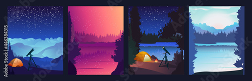 Collection of mountain and river landscapes summer camping, telescope expidition, overnight near to bonfire in tent, star seeing. Editable vector illustration for banner, web site, social media