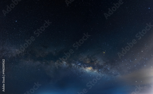 Panorama view universe space shot of milky way galaxy with stars on a night sky background.The Milky Way is the galaxy that contains our Solar System.dust, noise and grain.