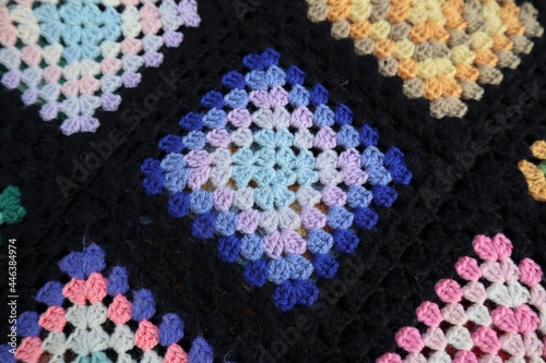 Blue knit crochet granny squares pattern blanket