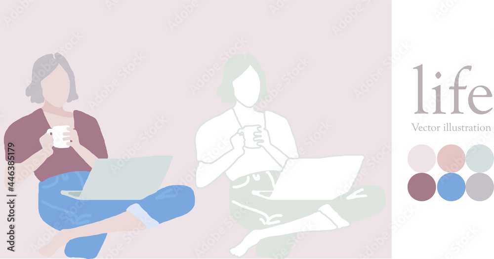 Vector decorative illstration of a lazy girl sitting in a relaxed posture, using a laptop. Morandi color hand-painted fashion life, modern, popular style Vector decorative illstration of a lazy girl sitting in a relaxed posture, using a laptop. Morandi color hand-painted fashion life, modern, popular style