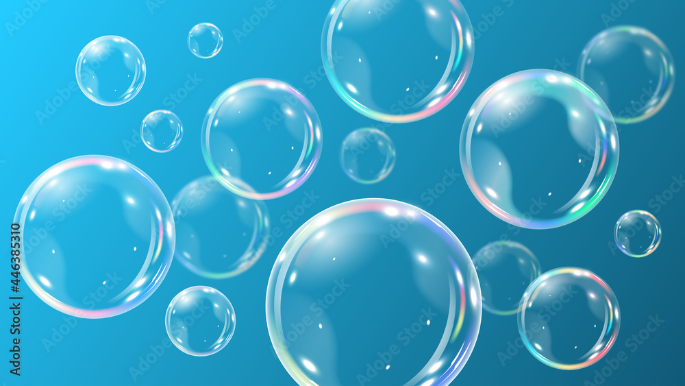 Blue background with realistic bubbles. Rainbow soap bubbles on blue background.