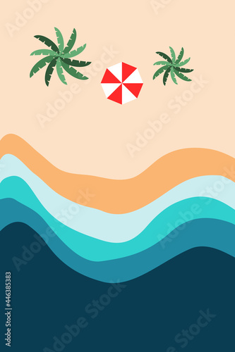 Illustration of beach coastline with palm tree and umbrella.