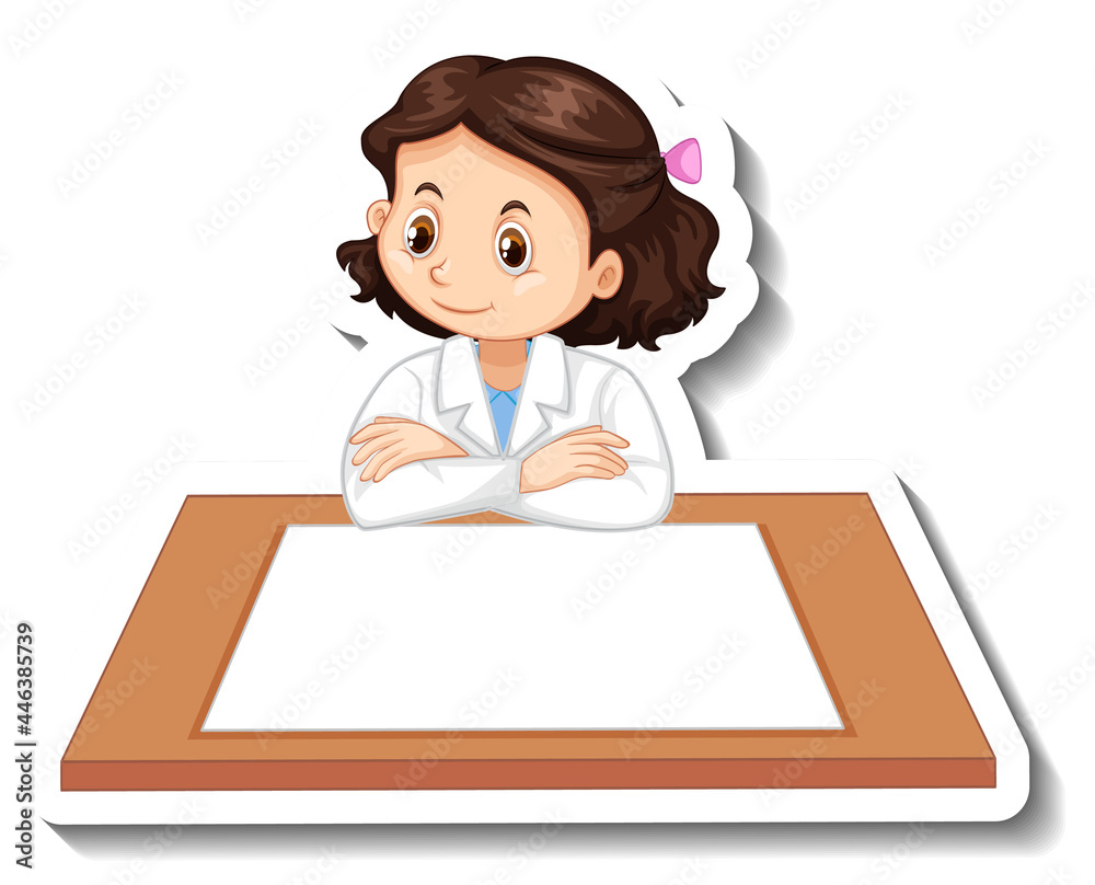 Scientist girl cartoon character with blank table Scientist girl cartoon character with blank table