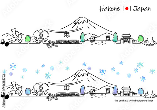 冬の箱根の観光地の街並みシンプル線画セット