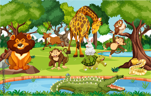 Different animals in the forest scene