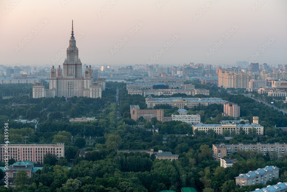 Naklejka premium View of the Central and business part of Moscow from the height of the flight at dawn