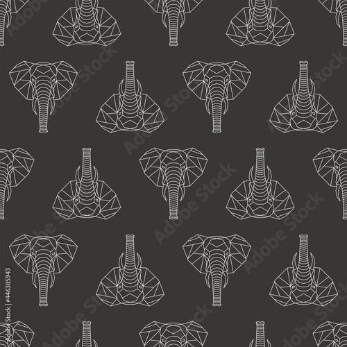 Seamless pattern wiht geometric elephants. Dark gray background with heads elephants. Print for fabric. Vector illustration.	