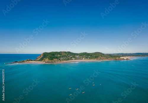 An aerial panoramic view of Byron Bay and Wategos Beach
