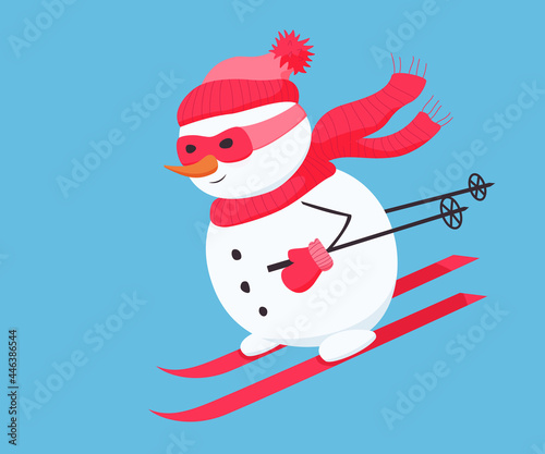 Snowman in red hat, scarf and gloves.
