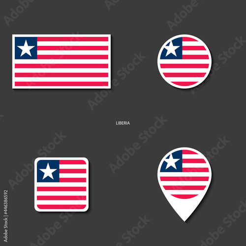 Liberia flag icon set in different shape (rectangle, circle, square and marker icon) on dark grey background. Liberia flag icon collection on barely dark background.