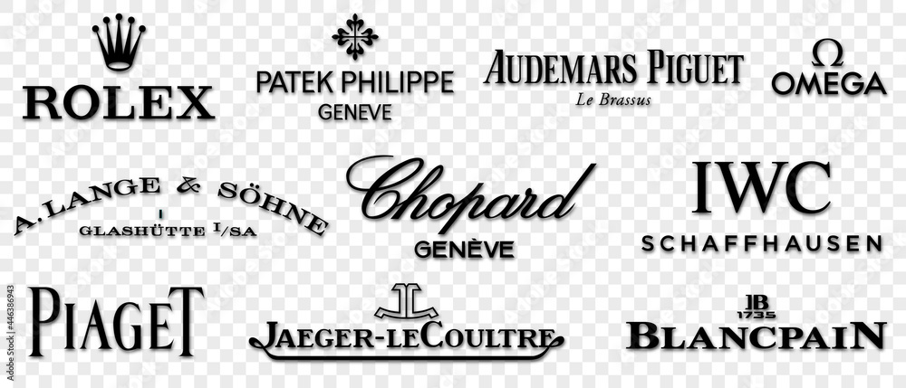 Vinnytsia, Ukraine - July 20, 2021. Set of luxury watches brand logo.  Rolex, Patek Philippe, Audemars Piguet, A.Lange S hne, Omega, Blancpain and  etc. Isolated logos vector isolated on transparent Stock Vector