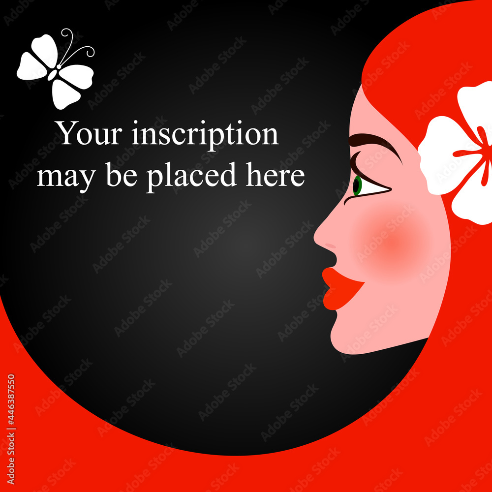 A girl with long red hair. With a white flower in her hair. Profile. Vector illustration.Background.  It may be used in the design of a book cover, of a poster, flyer, screensaver, design of a CD cove