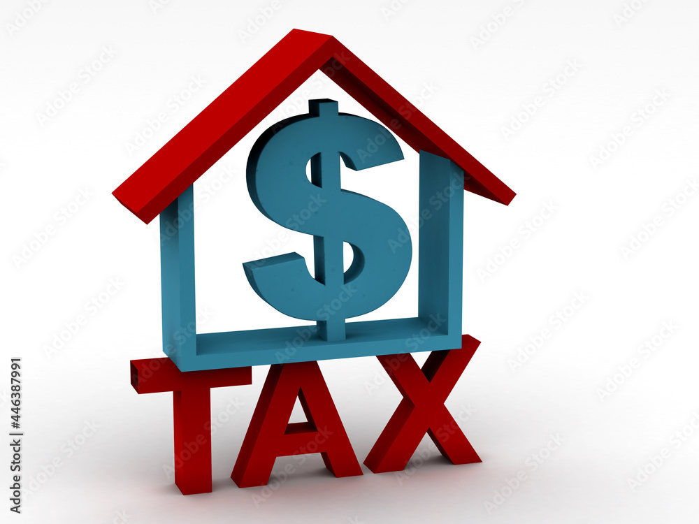 House with dollar sign on tax, 3d rendering
